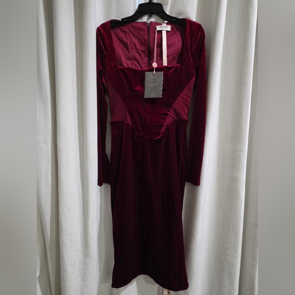House Of CB Solaine wine red‎ velvet corset dress Long Sleeve Midi S NWT - Picture 6 of 8